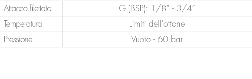 Attacco filettato,G (BSP): 1/8” 3/4”,Temperatura,Limiti dell’ottone,Pressione,Vuoto 60 bar 
