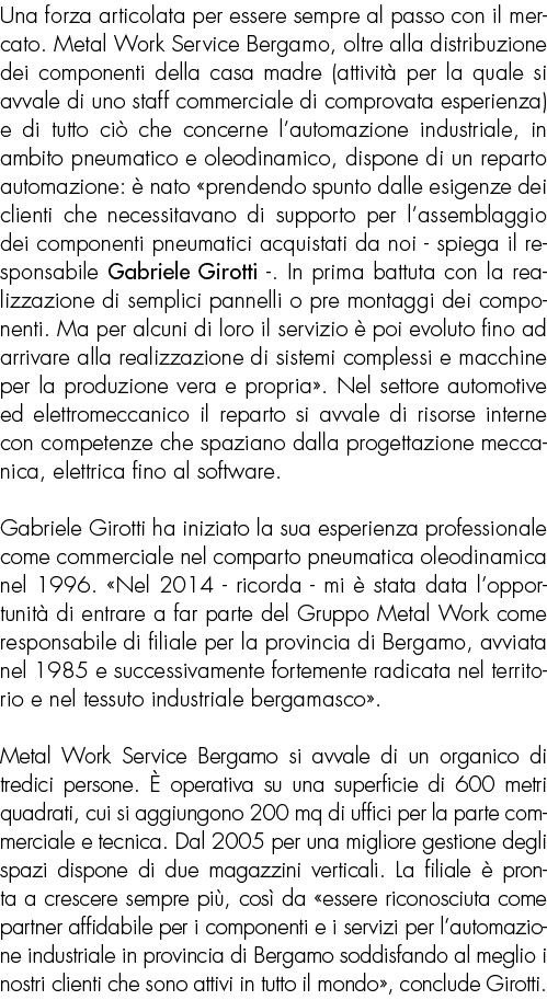 Una forza articolata per essere sempre al passo con il mercato. Metal Work Service Bergamo, oltre alla distribuzione ...